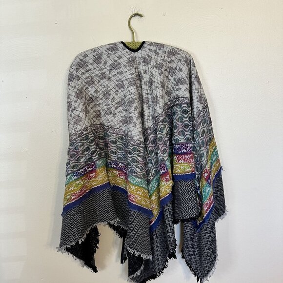 Bohemian Womens Poncho Multicolor Fringe Trim Open Front Shawl Wrap OS Tie Dye - Picture 5 of 5